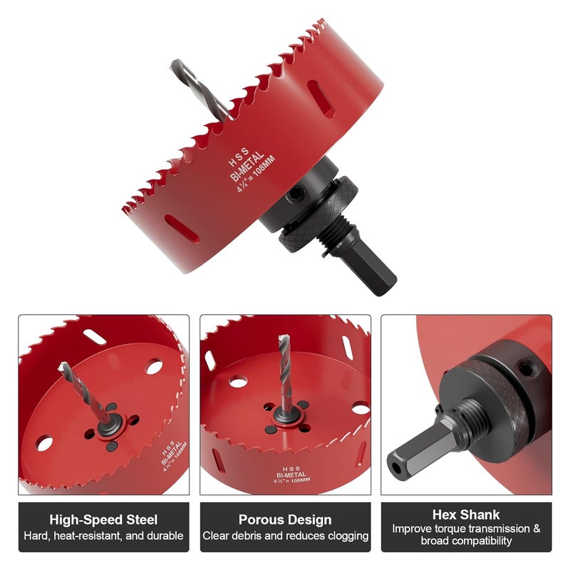 FIVELAKE 4-1/4" (108mm) Bi-Metal M42 High Speed Steel Hole Saw with Pilot Drill Bit, Smooth Cutting Edge for PVC, Drywall, Wood, Plastic, Gypsum Board, Rubber, Thin Metal - Image 2